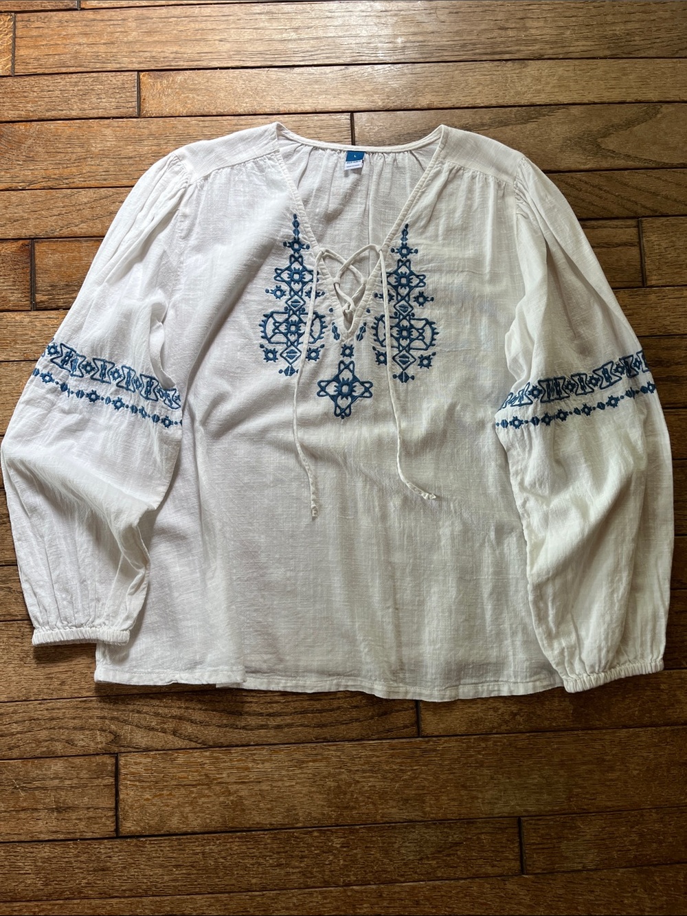Old Navy Cream Peasant Blouse with Blue Embroidery